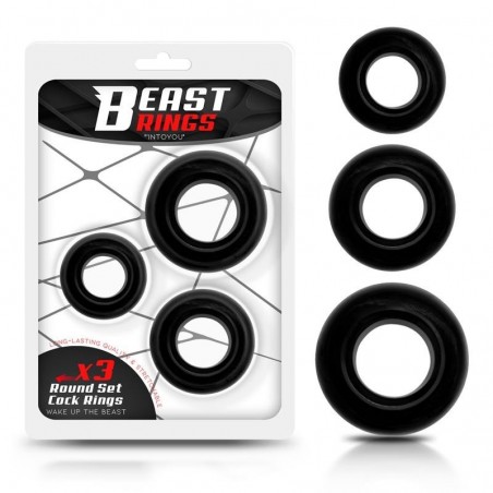 Set 3 anneaux péniens flexibles noir 2/2,5/3cm BEAST RINGS