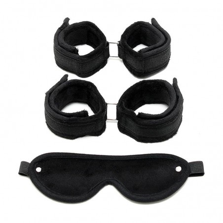 Set 3 pièces masque menottes velcro poignées et chevilles noirs RIMBA