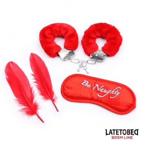 Lot 3 accessoires Bondage masque, menottes, plumes LATETOBED