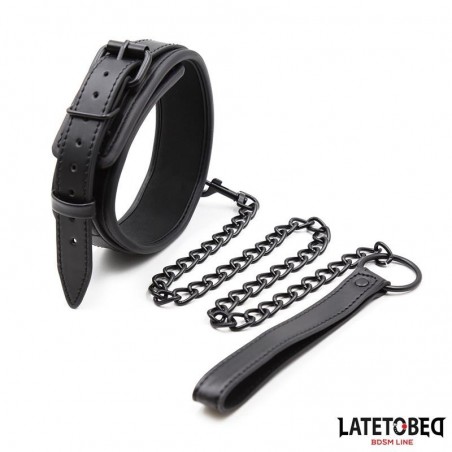 Collier bondage néoprène noir avec laisse LATETOBED